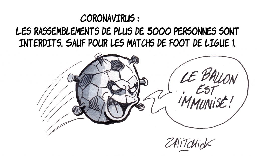 dessin de Zaïtchick sur le Coronavirus Covid-19 et l’interdiction des rassemblements pour faire face à la pandémie