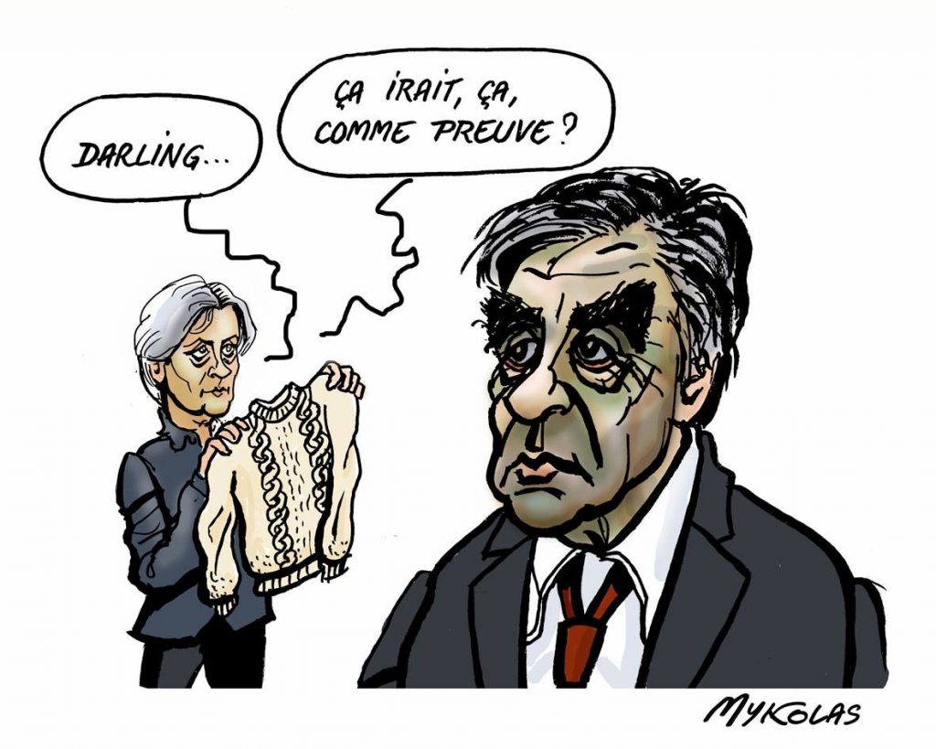 dessin d’actualité humoristique de Mykolas sur le difficile défense de François Fillon et Penelope Fillon lors de leur procès pour emploi fictif