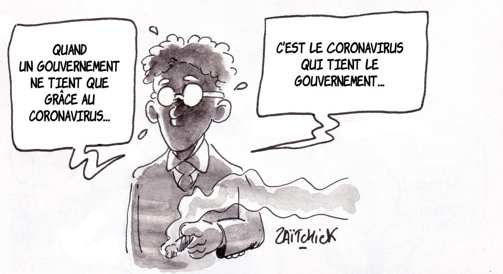 dessin humoristique de Zaïtchick sur Groucho, le gouvernement et le coronavirus Covid-19