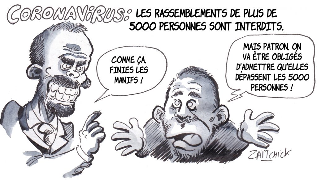 dessin de Zaïtchick sur Édouard Philippe et Christophe Castaner après l’interdiction des rassemblements pour contenir l’épidémie de Covid-19