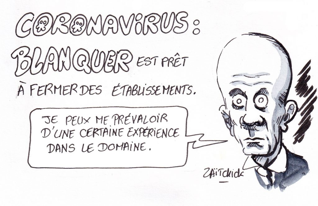 dessin de Zaïtchick sur Jean-Michel Blanquer prêt à fermer des établissements scolaires en raison de l’épidémie de coronavirus