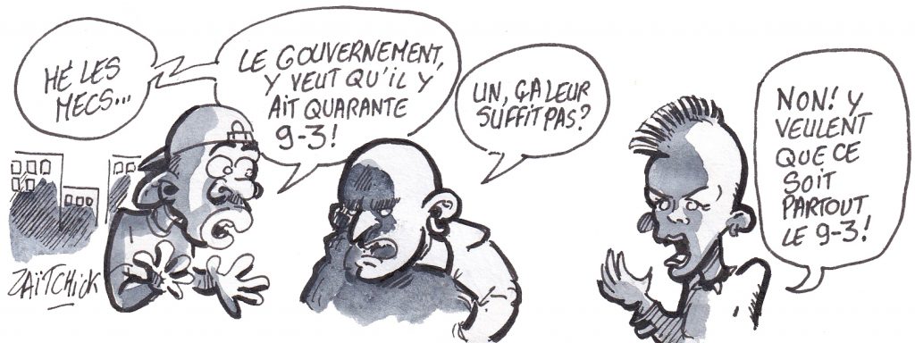 dessin de Zaïtchick sur des jeunes de banlieue du 9-3 après l’annonce de l’usage du 49.3 par le gouvernement d’Édouard Philippe pour la réforme des retraites