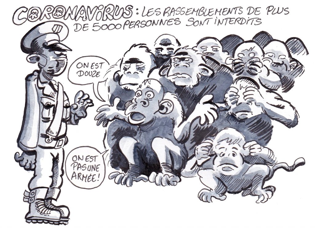 dessin de Zaïtchick sur l'Armée des douze singes et l’interdiction des rassemblements liée à l’épidémie de coronavirus Covid-19