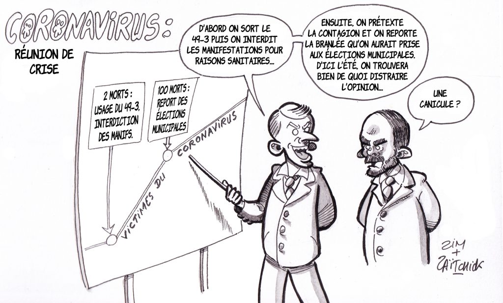 dessin humoristique de Zaïtchick sur l’utilisation du 49-3 en pleine crise du coronavirus et le report des élections municipales en raison de l’épidémie