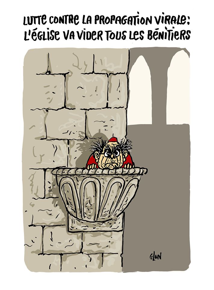 dessin humoristique de Glon sur la décision de l’église de vider les bénitiers pour lutter contre l’épidémie de covid-19