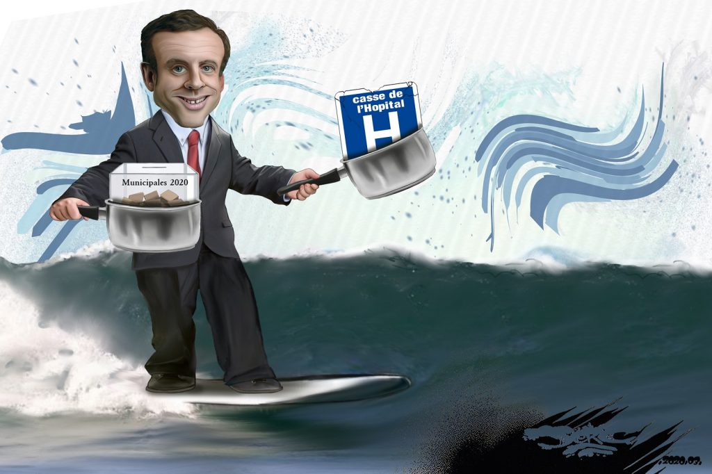 dessin d’actualité humoristique de Jerc sur Emmanuel Macron surfant sur la crise générée par l’épidémie de Covid-19