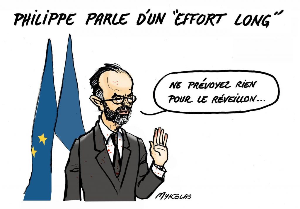 dessin d’actualité humoristique de Mykolas sur l’épidémie de covid-19 et l’effort long prévu par Édouard Philippe pour se sortir de cette crise