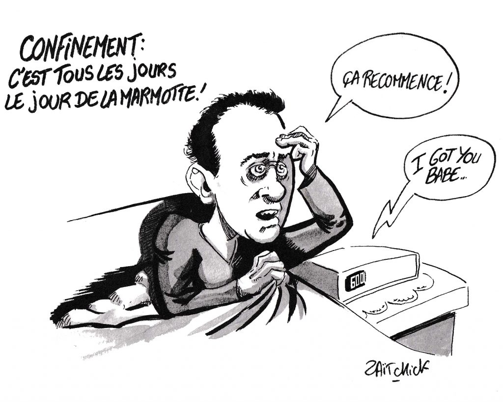 dessin de Zaïtchick sur l’épidémie de Covid-19 et le lent passage des jours de confinement