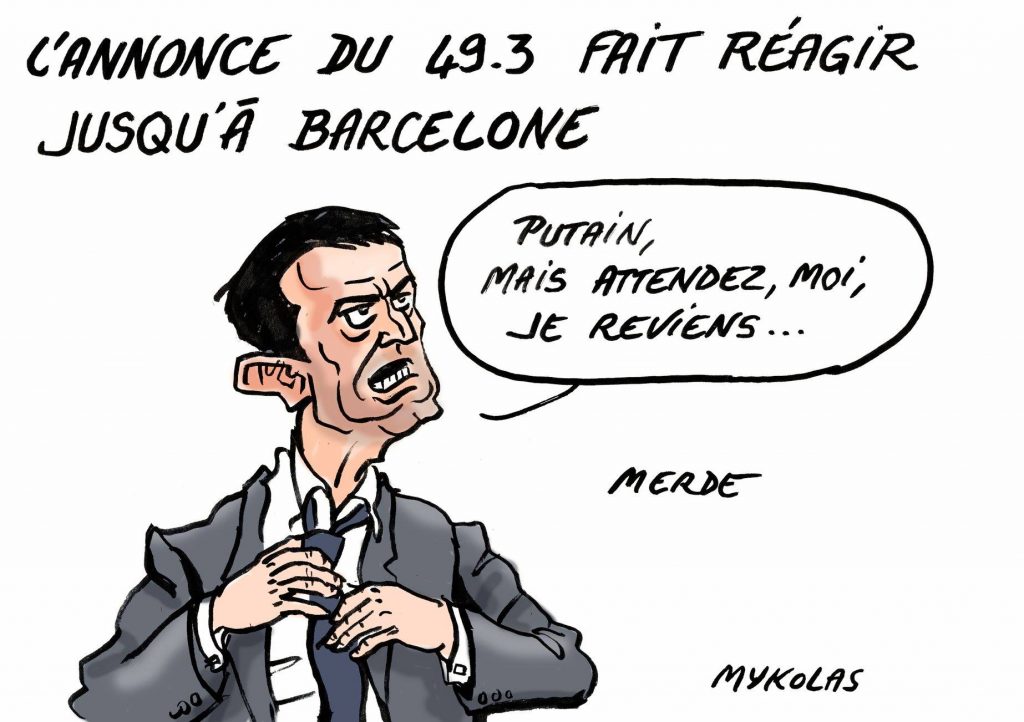 dessin d’actualité humoristique de Mykolas sur l’éventuel retour de Manuel Valls et l’annonce d’Édouard Philippe sur l’emploi de l’article 49.3 pour la réforme des retraites