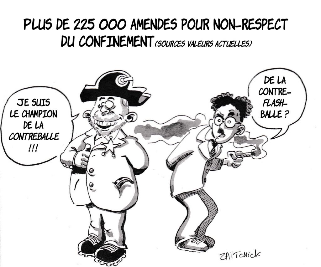 dessin de Zaïtchick sur l’épidémie de Covid-19 et les amendes pour non-respect du confinement