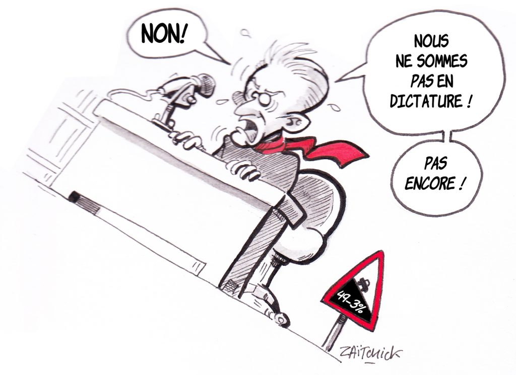 dessin de Zaïtchick sur Christophe Barbier sur une mauvaise pente après l’usage du 49.3 par le gouvernement pour faire passer la réforme des retraites