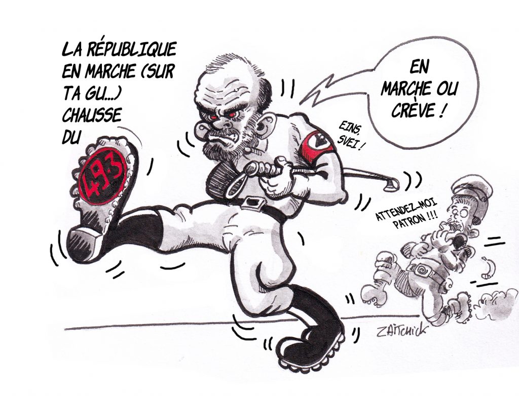 dessin de Zaïtchick sur Édouard Philippe en marche forcée et Christophe Castaner qui court derrière après et l’usage du 49.3 par le gouvernement pour faire passer la réforme des retraites