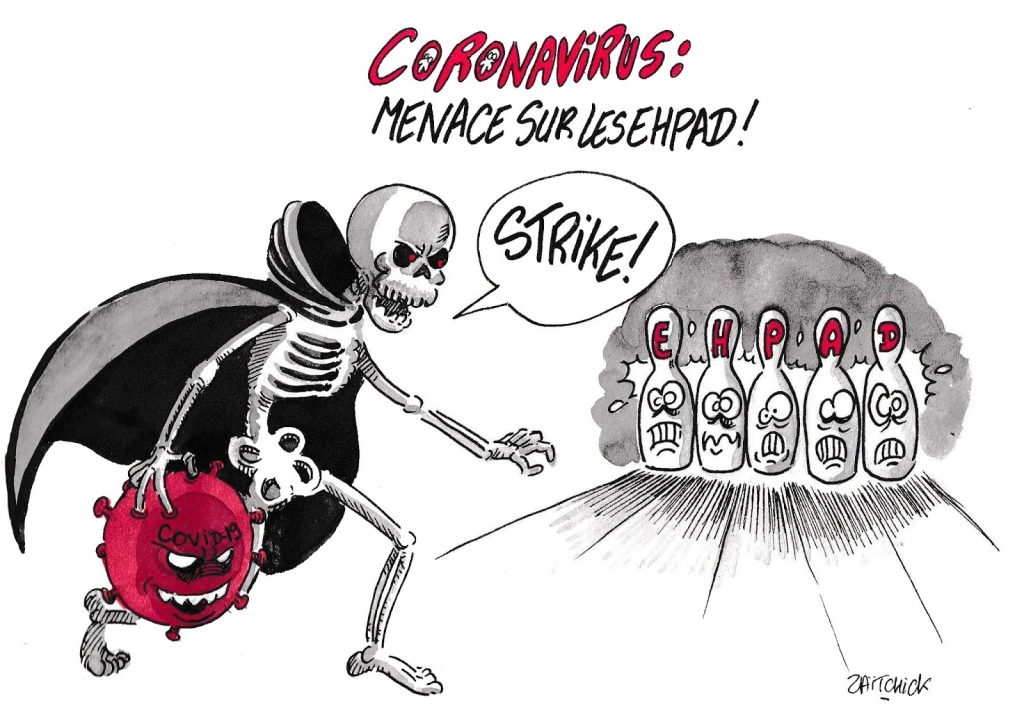 dessin de Zaïtchick sur l’épidémie de Covid-19 et la menace sur les Ehpad