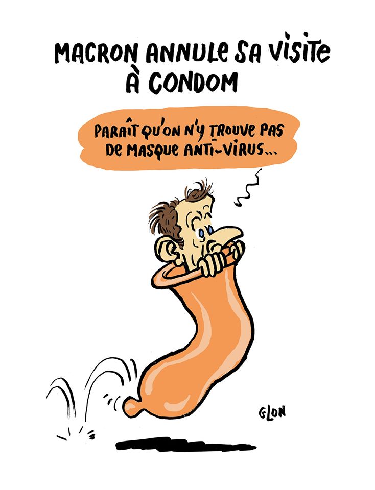 dessin humoristique de Glon sur l’annulation de la visite d’Emmanuel Macron à Condom en raison de l’épidémie de covid-19