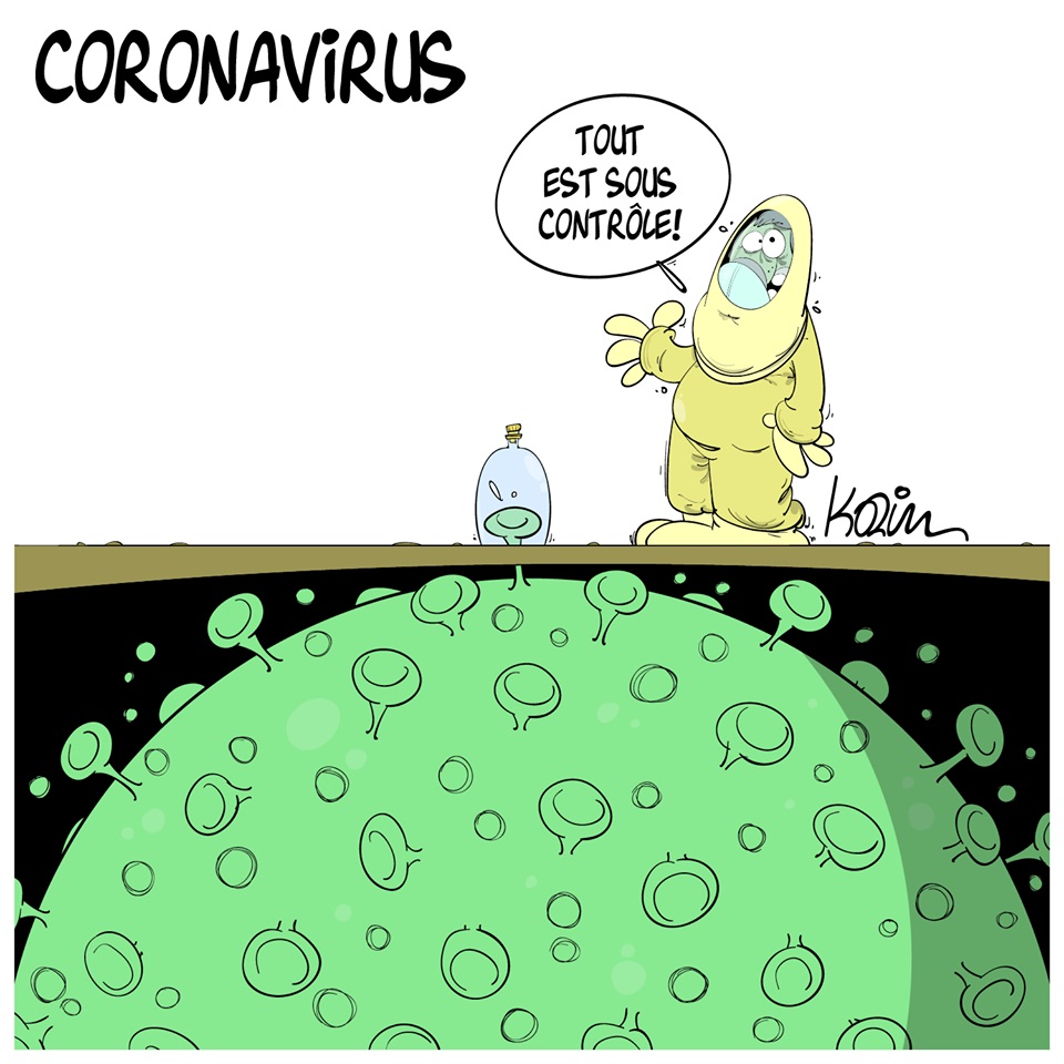 dessin d’actualité humoristique de Karim sur l’épidémie de coronavirus Covid-19 et le discours des pouvoirs publics