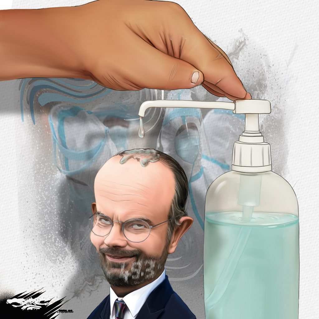 dessin d’actualité humoristique de Jerc sur l’usage du 49.3 par le gouvernement Philippe et la désinfection au gel hydroalcoolique contre l’épidémie de coronavirus
