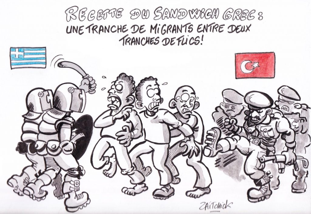 dessin de Zaïtchick sur les migrants pris en sandwich entre les policiers grecs et les policiers turcs