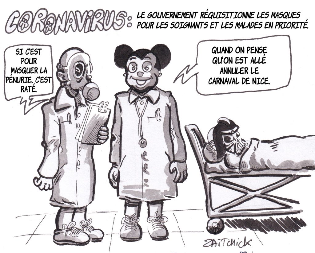 dessin humoristique de Zaïtchick sur la réquisition des masques de protection pendant l’épidémie de coronavirus Covid-19