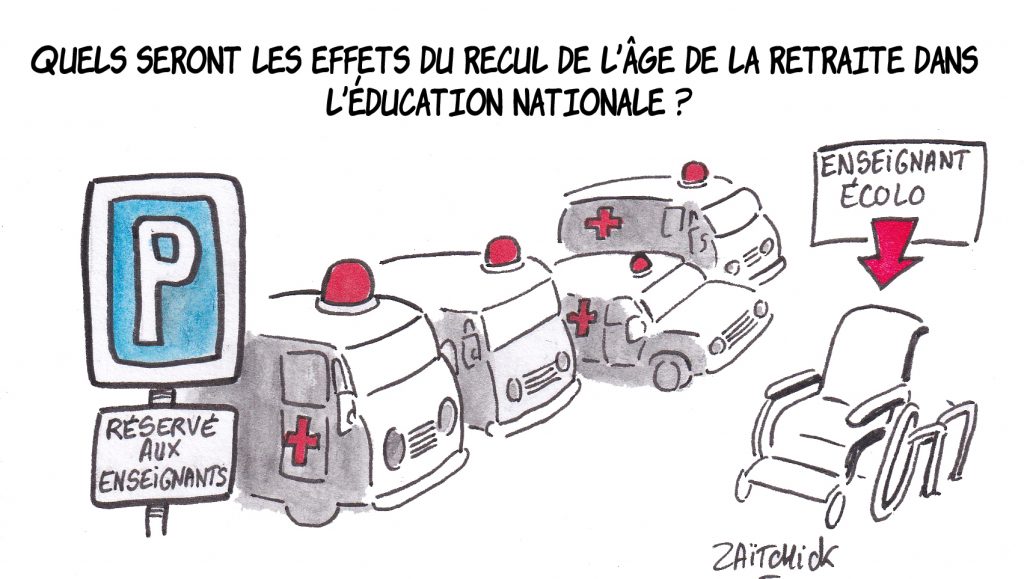 dessin de Zaïtchick sur l’usage du 49.3 par le gouvernement pour faire passer la réforme des retraites et la retraite des enseignants