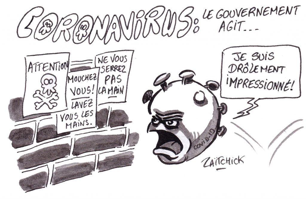 dessin humoristique de Zaïtchick sur la lutte contre l’épidémie de coronavirus Covid-19 par le gouvernement français