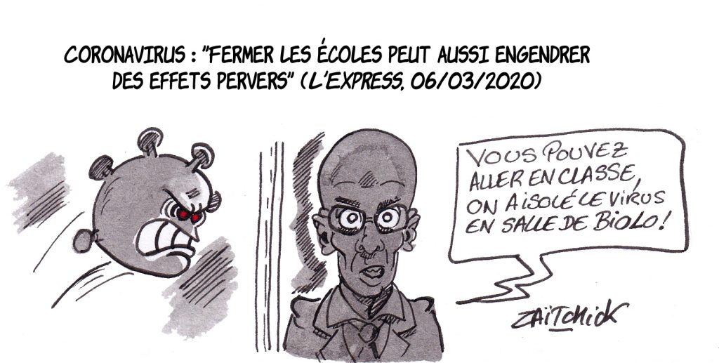 dessin de Zaïtchick sur Jean-Michel Blanquer qui rassure les élèves sur l’épidémie de coronavirus