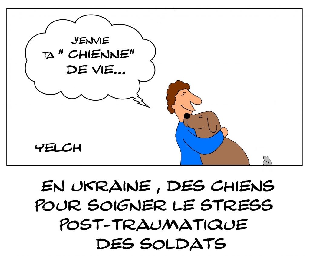 dessin de Yelch sur les chiens utilisés en Ukraine pour soigner le stress post-traumatique des soldats