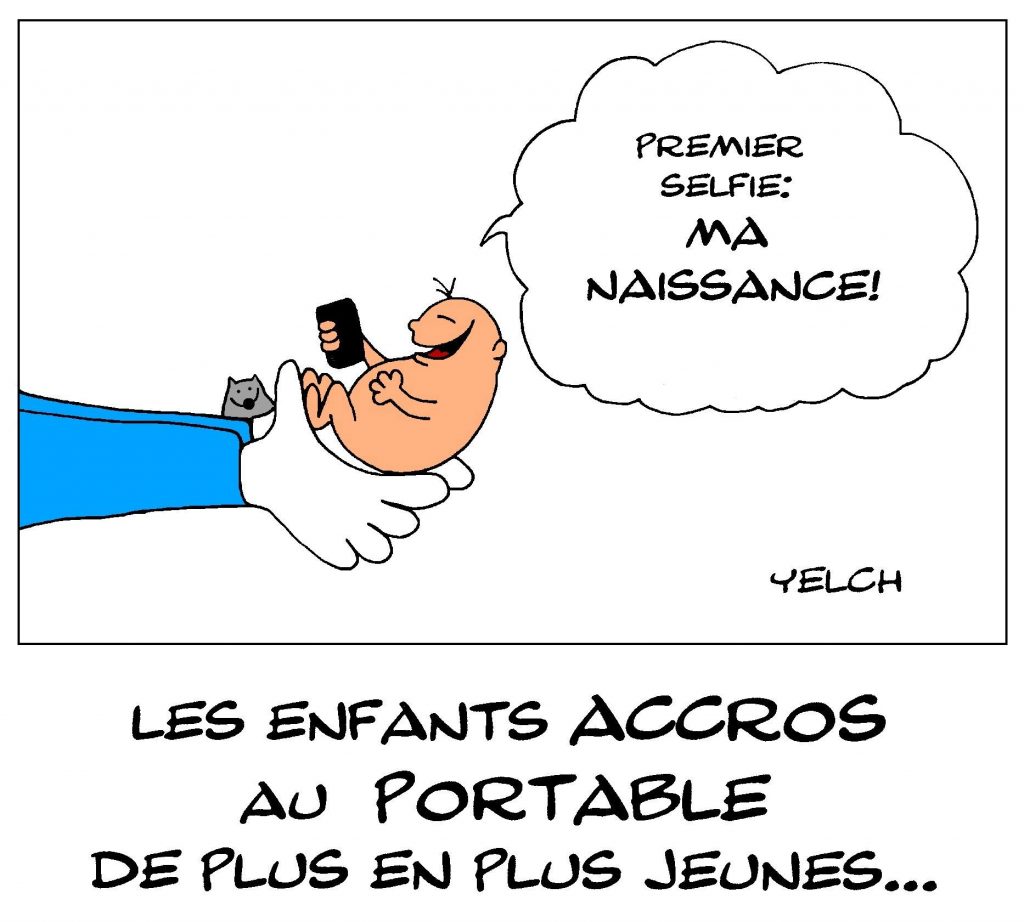 dessin de Yelch sur l’addiction au portable chez les enfants