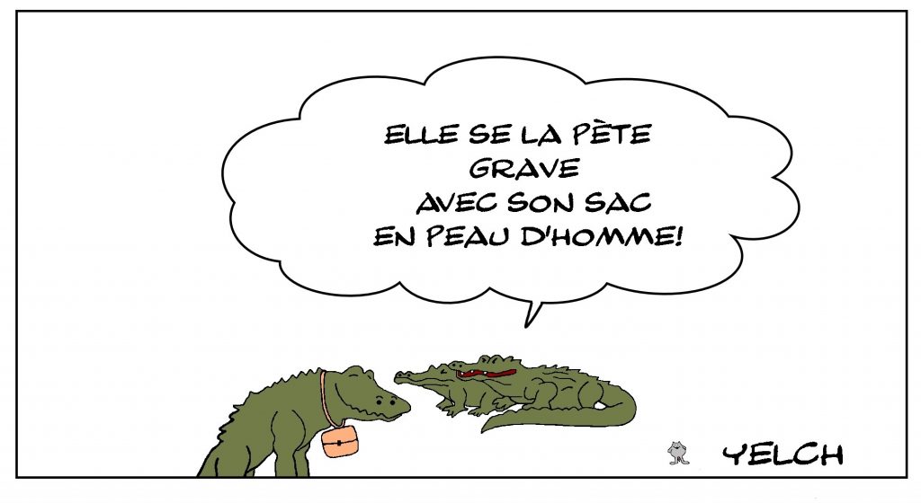 dessin de Yelch sur les crocodiles et les sacs en croco