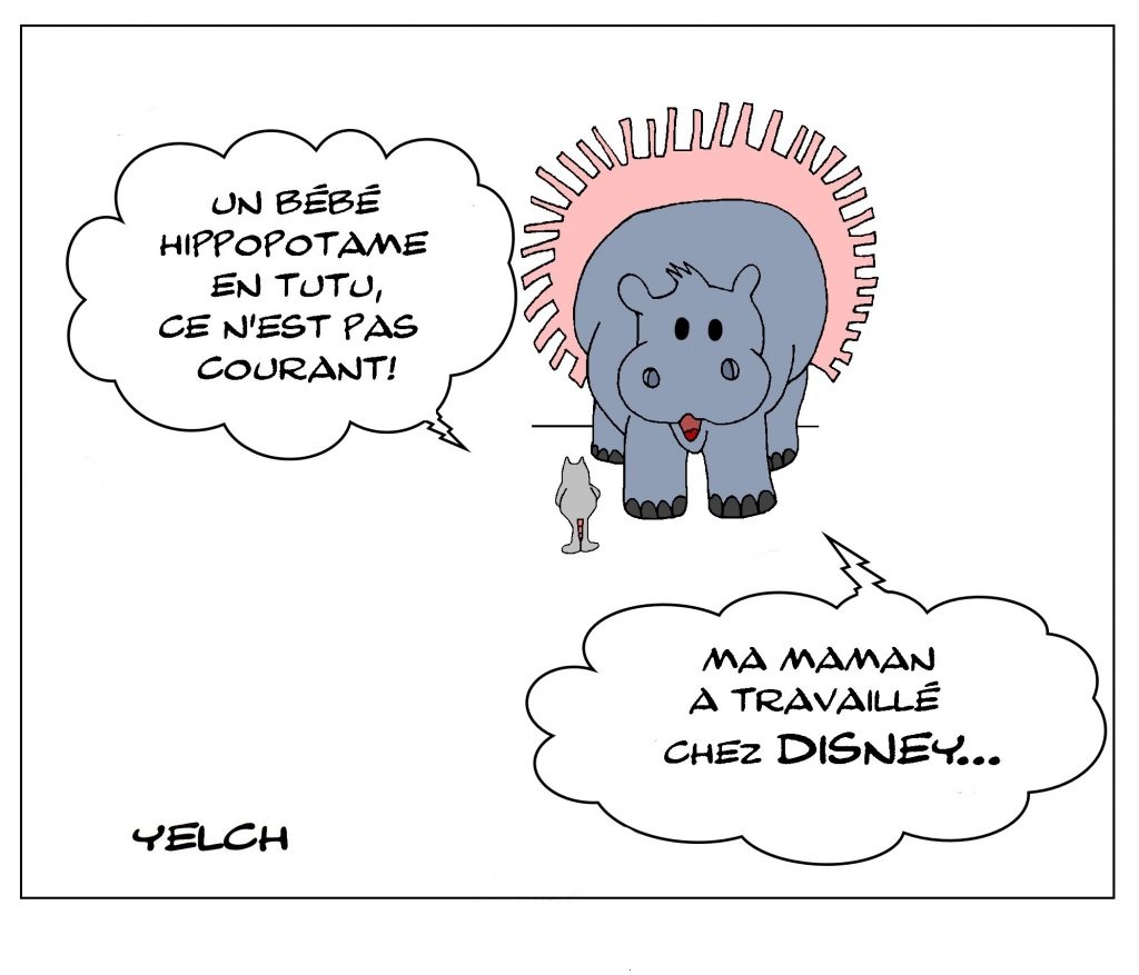 dessin de Yelch sur les hippopotames et Fantasia de Walt Disney