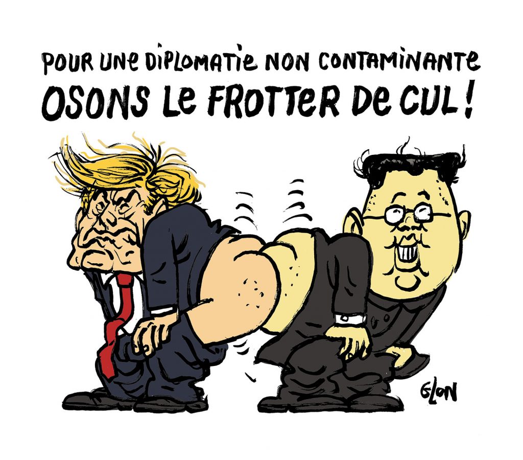 dessin humoristique de Glon sur l’épidémie de coronavirus Covid-19, les gestes barrières et la diplomatie entre Donald Trump et Kim Jong-un