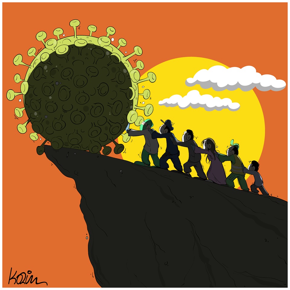 dessin d’actualité humoristique de Karim sur l’épidémie de Covid-19 et la mobilisation générale nécessaire