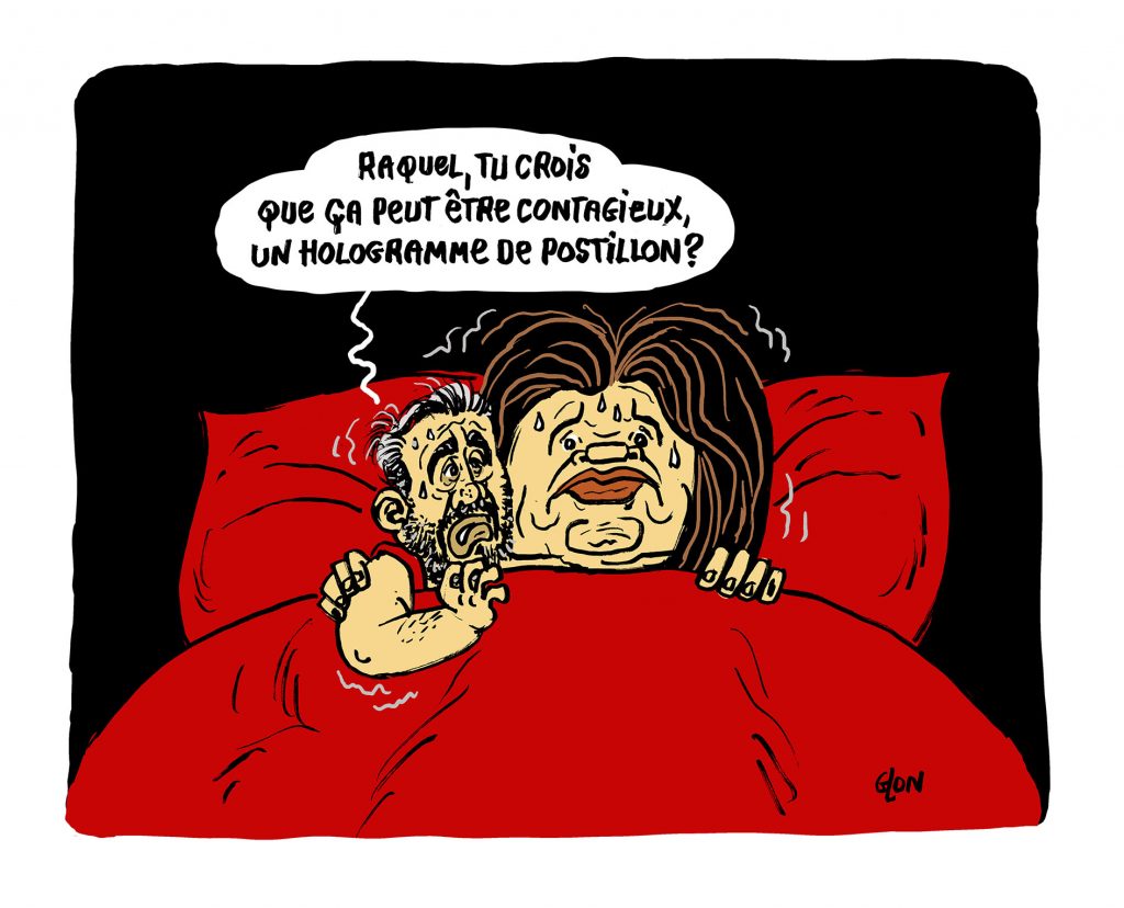 dessin humoristique de Glon sur l’épidémie de Covid-19 et le confinement de Raquel Garrido et Alexis Corbière