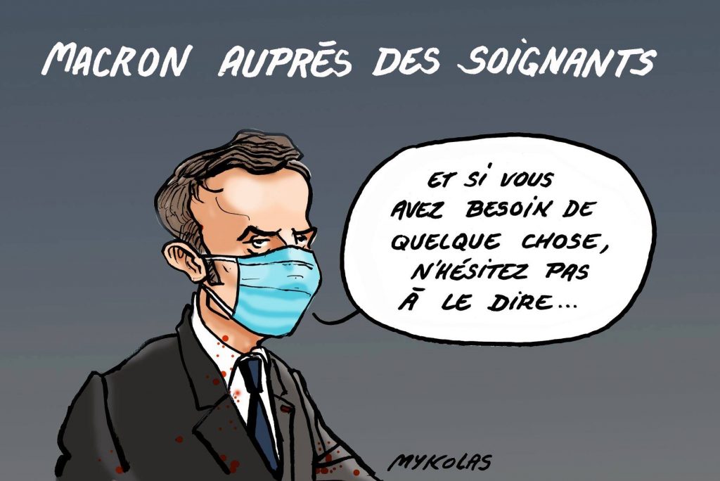 dessin d’actualité humoristique de Mykolas sur l’épidémie de covid-19 et les promesses d’Emmanuel Macron envers les soignants