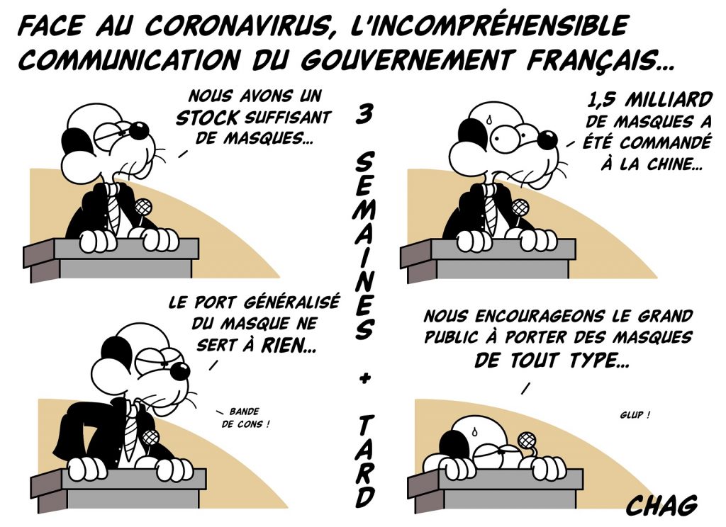 dessin d'humour de Chag sur l’épidémie de coronavirus Covid-19 et la communication du gouvernement français sur les masques de protection