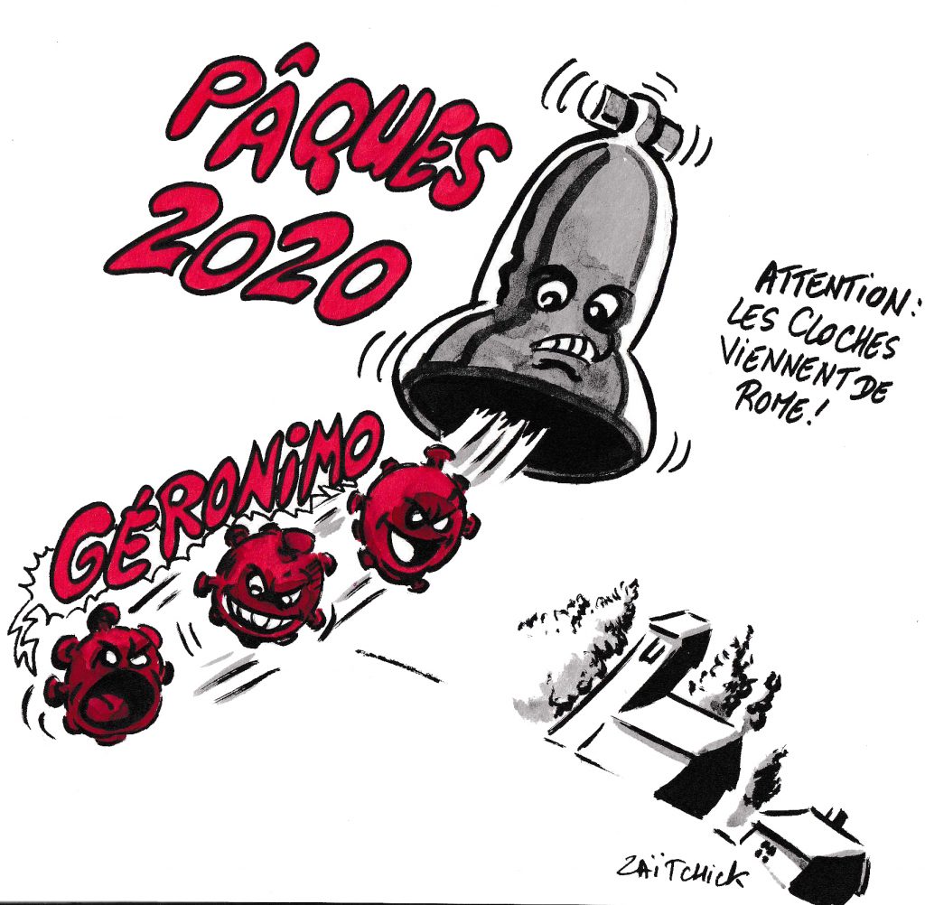 dessin de Zaïtchick sur l’épidémie de coronavirus et les cloches de Pâques 2020
