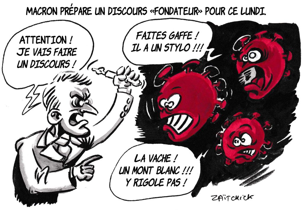 dessin de Zaïtchick sur l’épidémie de coronavirus et le discours du 13 avril d’Emmanuel Macron