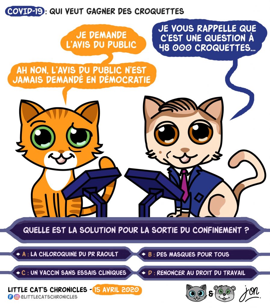 dessin humoristique des Little Cat’s Chronicles sur l’épidémie de Covid-19, la sortie du confinement et Qui veut gagner des millions