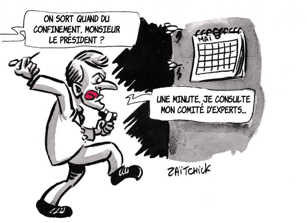 dessin de Zaïtchick sur l’épidémie de coronavirus, Emmanuel Macron et la date de sortie du confinement