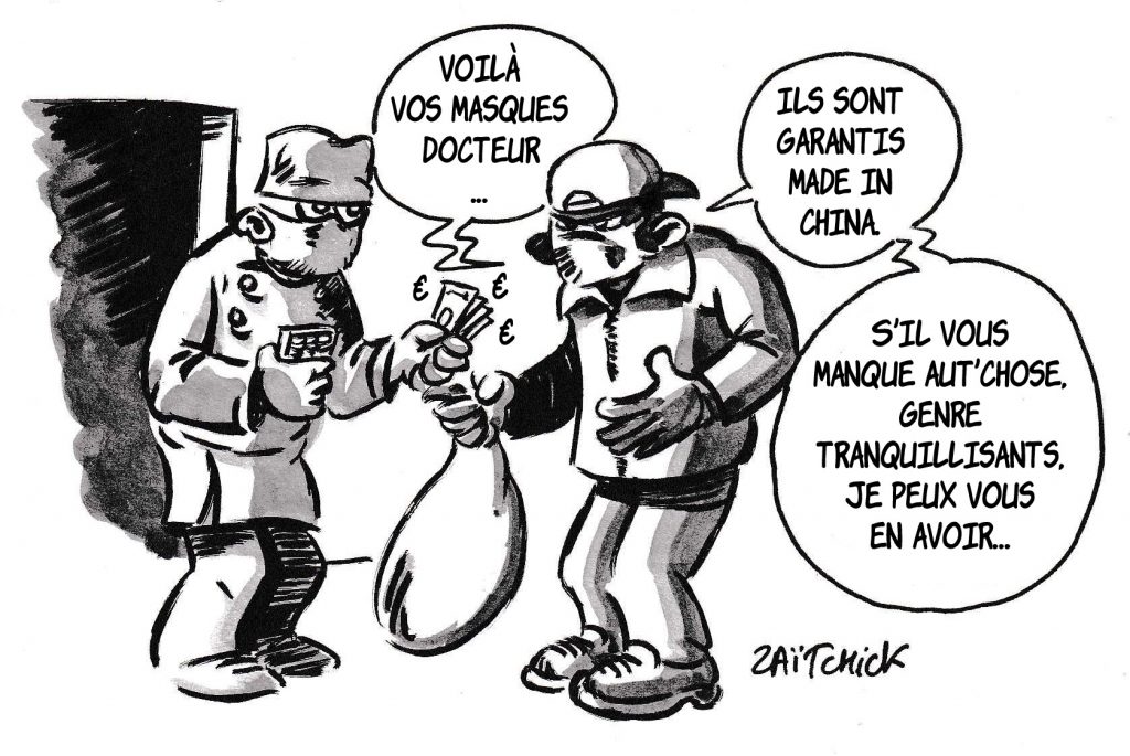 dessin de Zaïtchick sur l’épidémie de coronavirus, la pénurie de masques en France et les trafics