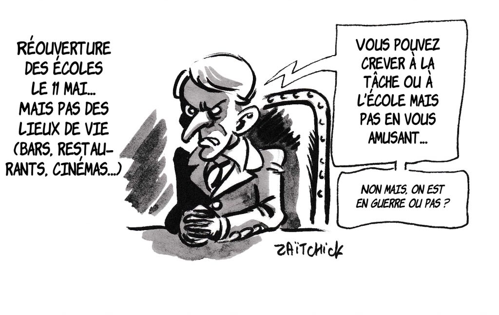 dessin de Zaïtchick sur l’épidémie de coronavirus, Emmanuel Macron et la date de sortie du confinement