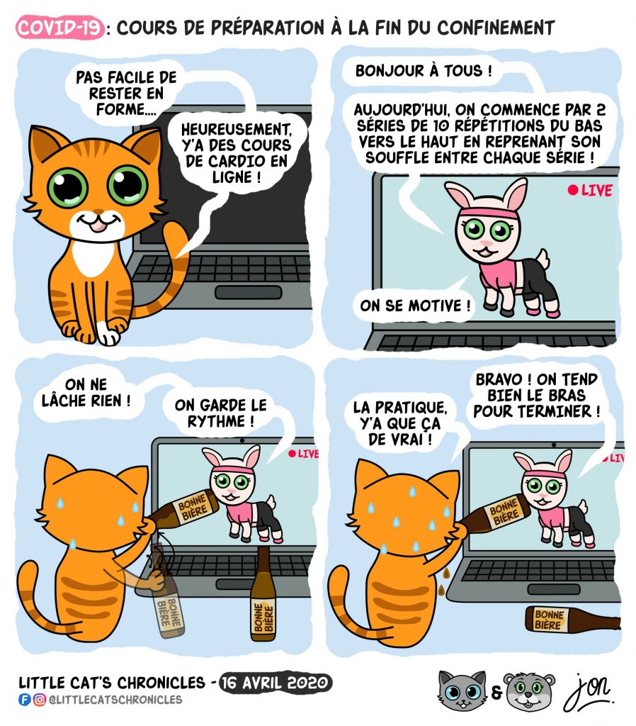 dessin humoristique des Little Cat’s Chronicles sur l’épidémie de Covid-19, la sortie du confinement et la réouverture des bars