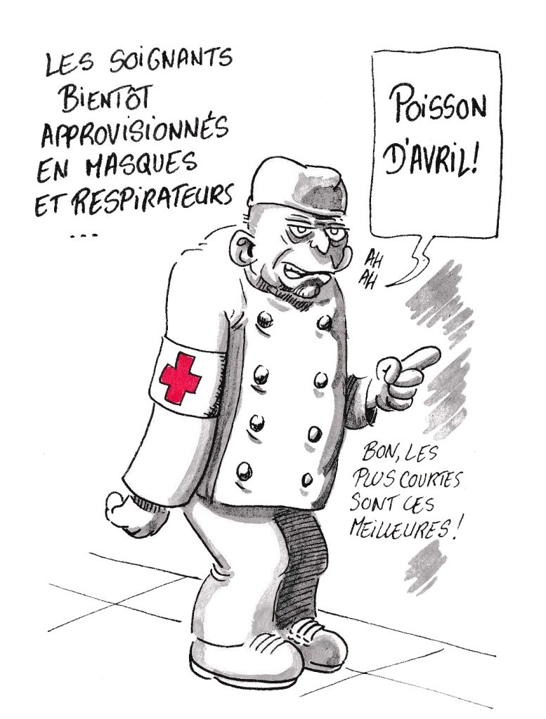 dessin de Zaïtchick sur l’épidémie de Covid-19 et la promesse d’approvisionnement en masques et respirateurs