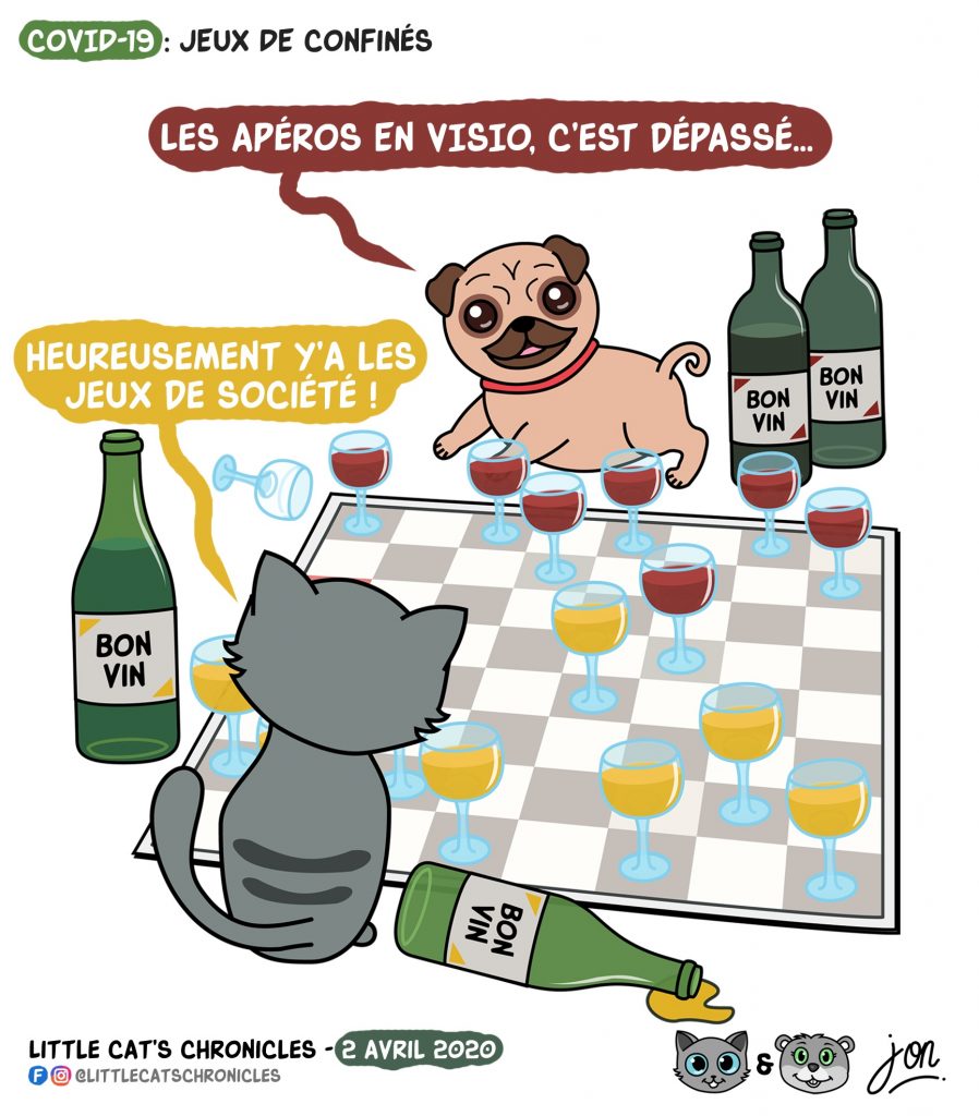 dessin humoristique des Little Cat’s Chronicles sur l’épidémie de Covid-19, l’alcoolisme et les jeux de société pendant le confinement