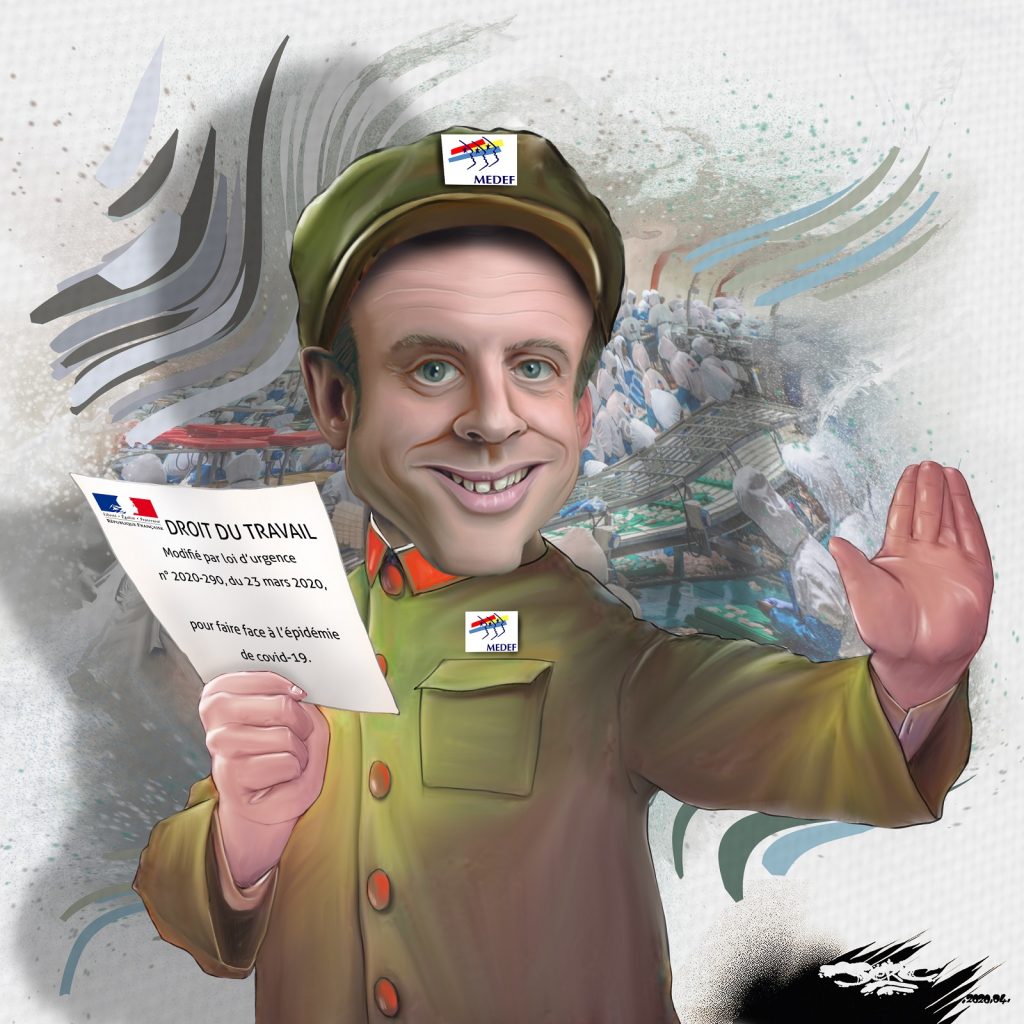 dessin d’actualité humoristique de Jerc sur l’épidémie de Covid-19, le confinement et l’ultralibéralisme porté par Emmanuel Macron