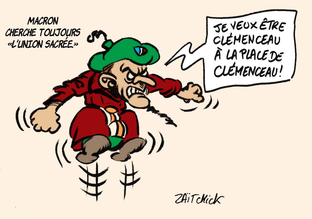 dessin de Zaïtchick sur l’épidémie de coronavirus, Emmanuel Macron et son union sacrée