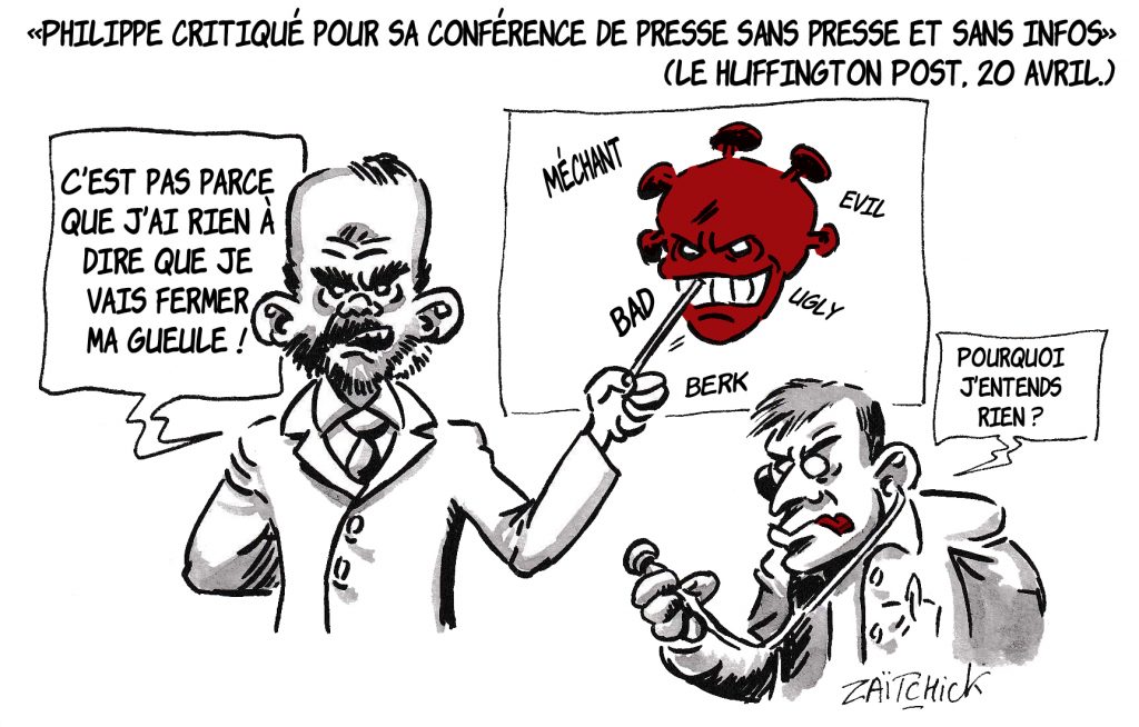 dessin de Zaïtchick sur l’épidémie de coronavirus et la conférence de presse d’Édouard Philippe