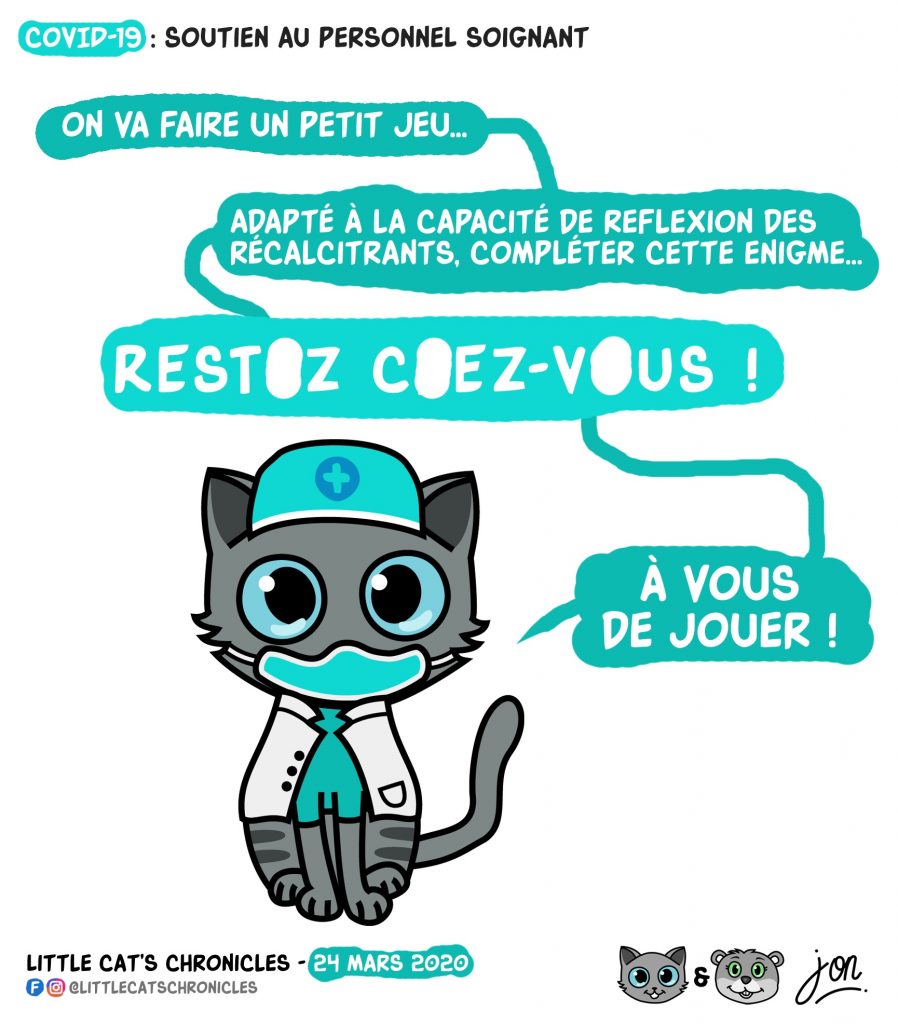 dessin humoristique des Little Cat’s Chronicles sur les animaux domestiques et le confinement pour soulager le système de santé