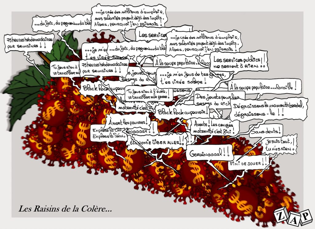 dessin d'actualité de Zap sur l’épidémie de coronavirus et la cacophonie des revendications