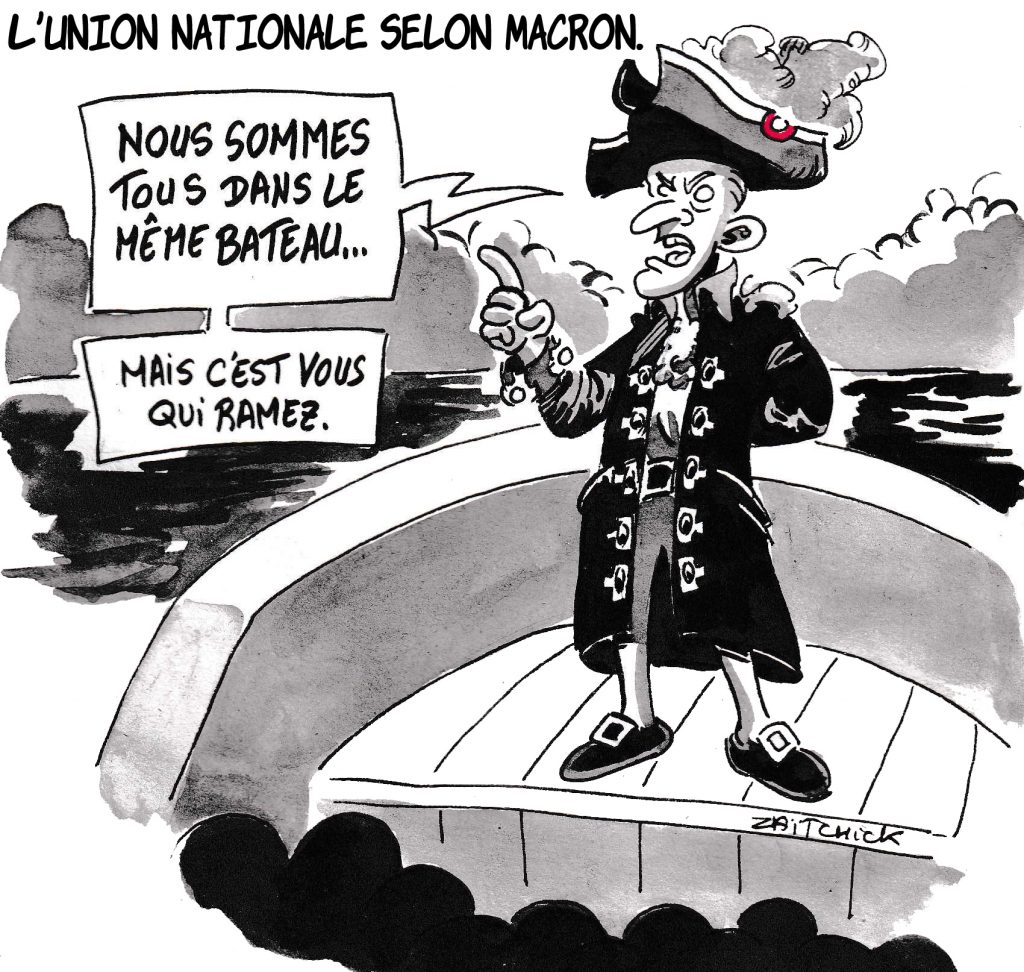 dessin de Zaïtchick sur l’épidémie de coronavirus et l’union nationale d’Emmanuel Macron