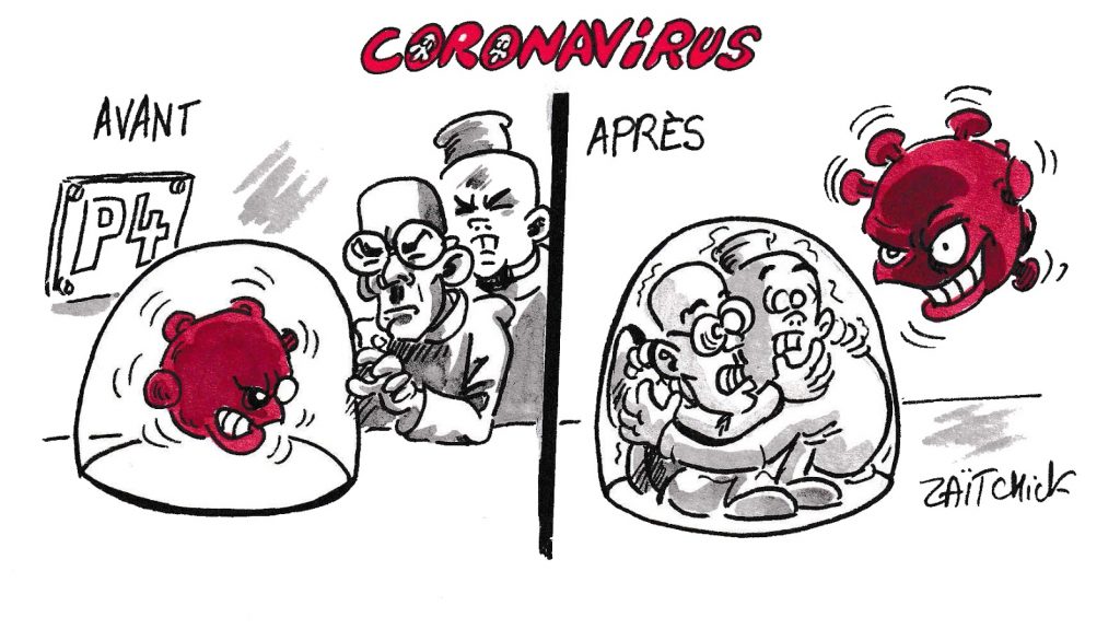 dessin de Zaïtchick sur l’épidémie de coronavirus et le laboratoire P4 à Wuhan